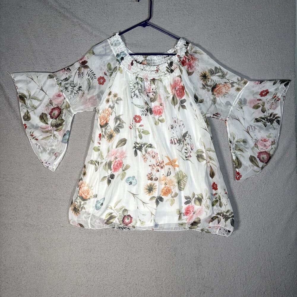 Viola Borghi Women’s Plus Size 1X Blouse Top Silk Flutter Sleeve Layered Chiffon